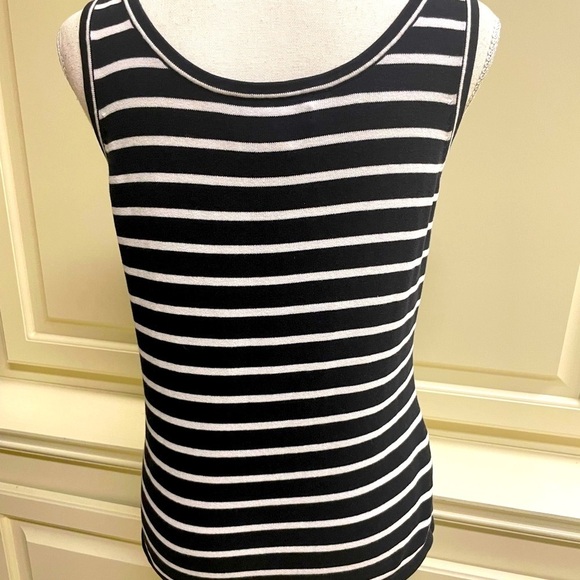 Susan Bristol Black White Stripe Tank Preppy Cotton Knit Sweater Contrast Trim S - Picture 7 of 12